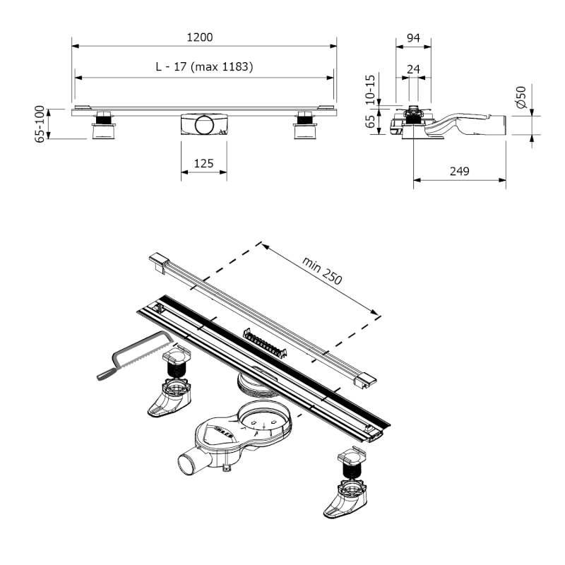 SLIM SPRING nerezový podlahový žlab s roštem, L-250-1200, DN50, černá mat SV120B